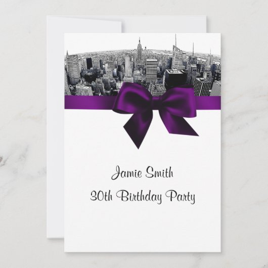Invitation NYC Etched Fisheye Skyline BW Purple Birday (Devant)