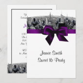 Invitation NYC Etched Fisheye Skyline BW Purple Sweet 16 (Devant / Derrière)