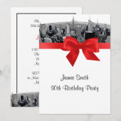 Invitation NYC Etched Fisheye Skyline BW Red Anniversaire (Devant / Derrière)