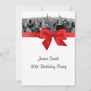Invitation NYC Etched Fisheye Skyline BW Red Anniversaire