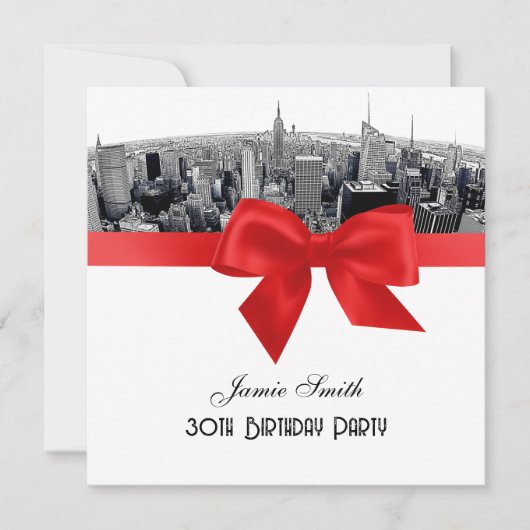 Invitation NYC Etched Fisheye Skyline BW Red Birthday SQ (Devant)
