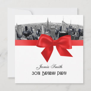 Invitation NYC Etched Fisheye Skyline BW Red Birthday SQ