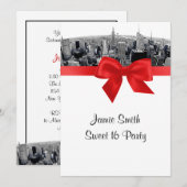 Invitation NYC Etched Fisheye Skyline BW Red Sweet 16 (Devant / Derrière)