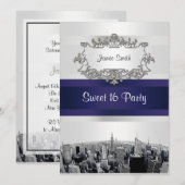 Invitation NYC Etched Skyline 2 Blanc, Bleu Ruban Sweet 16 (Devant / Derrière)