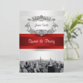 Invitation NYC Etched Skyline 2 Blanc, Ruban Rouge Sweet 16 (Debout devant)