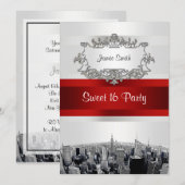 Invitation NYC Etched Skyline 2 Blanc, Ruban Rouge Sweet 16 (Devant / Derrière)