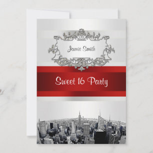 Invitation NYC Etched Skyline 2 Blanc, Ruban Rouge Sweet 16