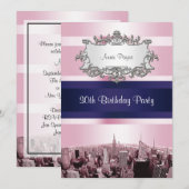 Invitation NYC Etched Skyline 2 Pink BG, Blue Ribbon Annivers (Devant / Derrière)