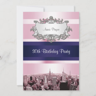 Invitation NYC Etched Skyline 2 Pink BG, Blue Ribbon Annivers