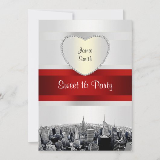 Invitation NYC Etched Skyline 2H Blanc, Ruban Rouge Sweet 16 (Devant)