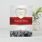 Invitation NYC Etched Skyline 2H Blanc, Ruban Rouge Sweet 16 (Debout devant)