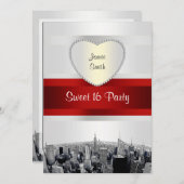 Invitation NYC Etched Skyline 2H Blanc, Ruban Rouge Sweet 16 (Devant / Derrière)