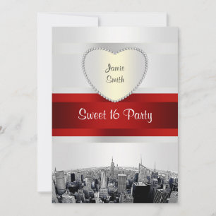 Invitation NYC Etched Skyline 2H Blanc, Ruban Rouge Sweet 16