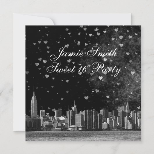 Invitation NYC Etched Skyline Black BG White Heart Sweet 16 (Devant)
