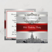 Invitation NYC Etched Skyline, White BG, Red Ribbon Anniversa (Devant / Derrière)