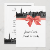 Invitation NYC large Skyline Etched BW Coral Sweet 16 (Devant / Derrière)
