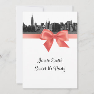Invitation NYC large Skyline Etched BW Coral Sweet 16