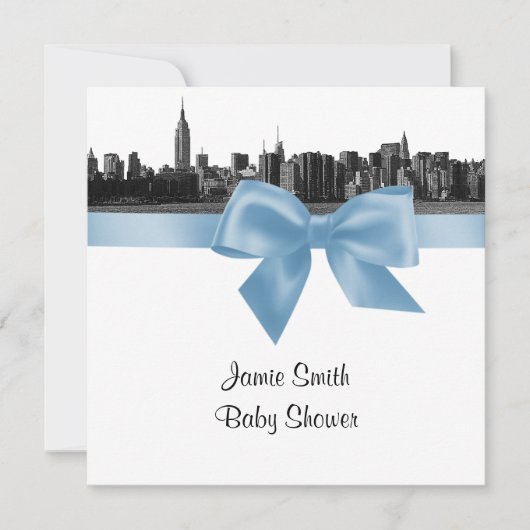 Invitation NYC large Skyline Etched BW Lt Blue Baby shower SQ (Devant)