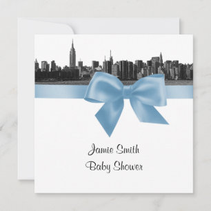 Invitation NYC large Skyline Etched BW Lt Blue Baby shower SQ