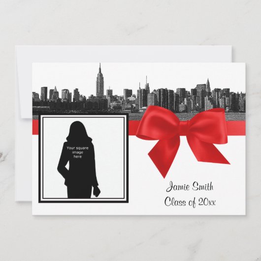 Invitation NYC large Skyline Etched BW Red Photo Graduation (Devant)