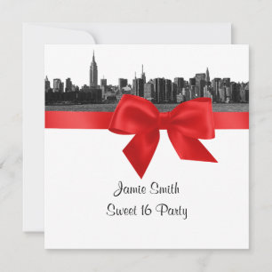 Invitation NYC large Skyline Etched BW Red Sweet sixteen SQ