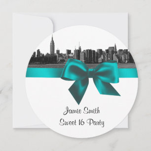 Invitation NYC large Skyline Etched BW Turquoise Sweet sixtee