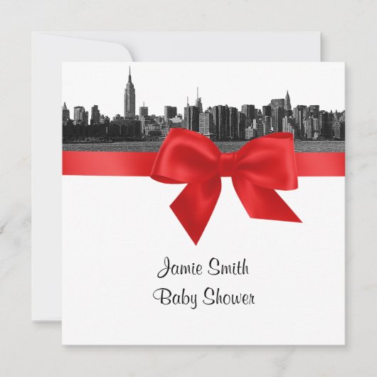 Invitation NYC large Skyline Etted BW Red Baby shower SQ (Devant)