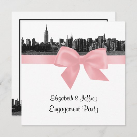 Invitation NYC large Skyline Etted BW rose Fiançailles Pty SQ (Devant / Derrière)