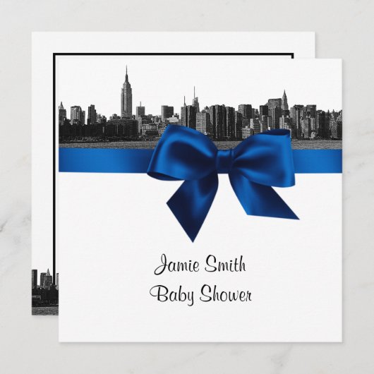 Invitation NYC large Skyline Etted BW Royal Bl Baby shower SQ (Devant / Derrière)
