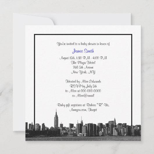 Invitation NYC large Skyline Etted BW Royal Bl Baby shower SQ (Dos)