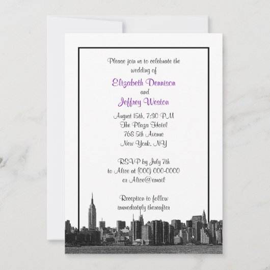 Invitation NYC large Skyline Etted BW violet Mariage (Dos)