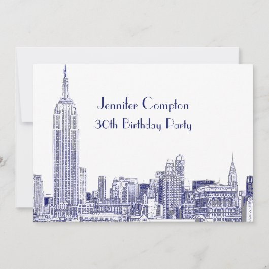 Invitation NYC Skyline 01 Etched Wht Birthday Party Blue (Devant)