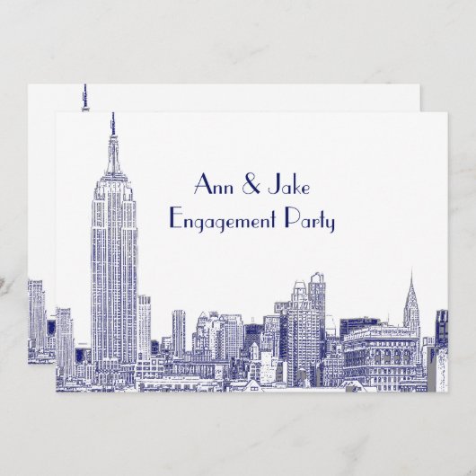 Invitation NYC Skyline 01 Etched Wht Engagement Party Blue (Devant / Derrière)