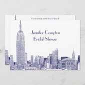 Invitation NYC Skyline 01 Etched Wht Fête des mariées Blue (Devant / Derrière)
