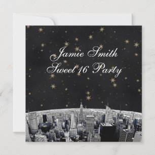 Invitation NYC Skyline 2 Black Gold Star Sweet 16