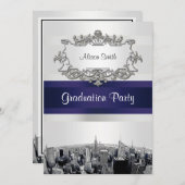 Invitation NYC Skyline 2 Blanc BG Blu Ribbn Graduation (Devant / Derrière)