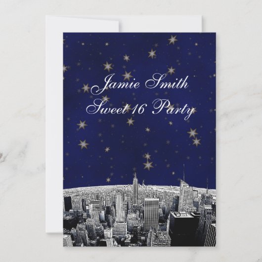 Invitation NYC Skyline 2 Blue Gold Star Sweet 16 V (Devant)