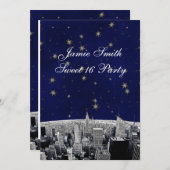 Invitation NYC Skyline 2 Blue Gold Star Sweet 16 V (Devant / Derrière)