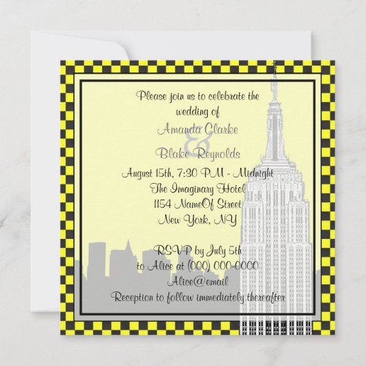 Invitation NYC Skyline 2 Etched ESB À damiers Mariage de taxi (Dos)