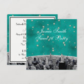 Invitation NYC Skyline 2 Turquoise Gold Star Sweet 16 (Devant / Derrière)