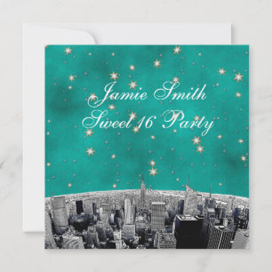 Invitation NYC Skyline 2 Turquoise Gold Star Sweet 16