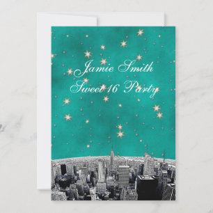 Invitation NYC Skyline 2 Turquoise Gold Star Sweet 16 V