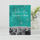 Invitation NYC Skyline 2 Turquoise Gold Star V Fiançailles (Debout devant)