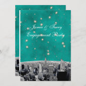 Invitation NYC Skyline 2 Turquoise Gold Star V Fiançailles (Devant / Derrière)