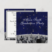 Invitation NYC Skyline bleu Gold Star blanc diplômé (Devant / Derrière)