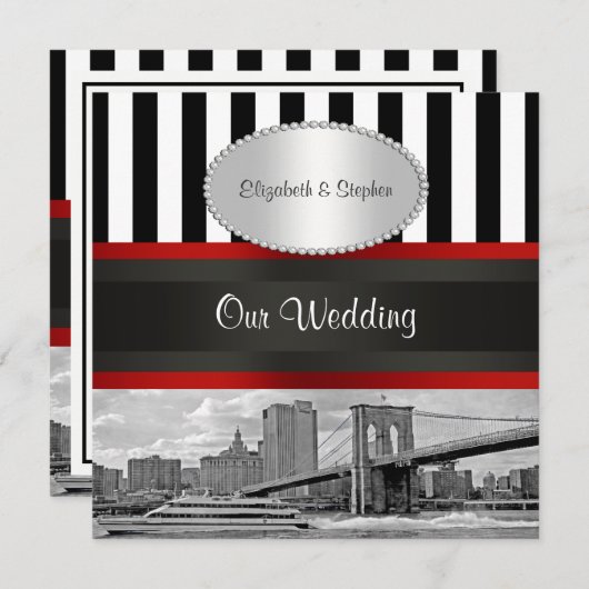 Invitation NYC Skyline Brooklyn Bridge Blk White P2 Mariage (Devant / Derrière)