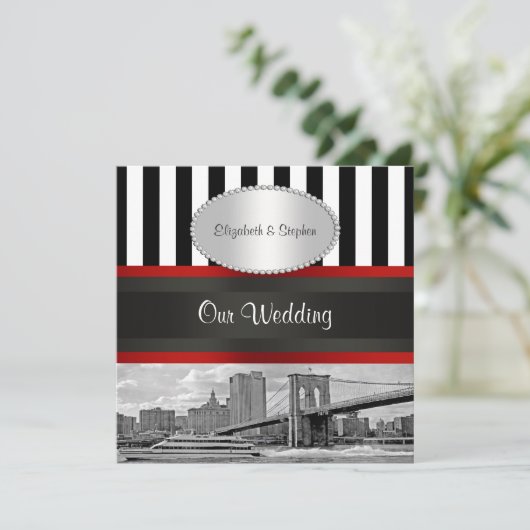 Invitation NYC Skyline Brooklyn Bridge Blk White P2 Mariage (Debout devant)
