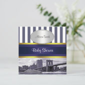 Invitation NYC Skyline Brooklyn Bridge Blue White Baby shower (Debout devant)