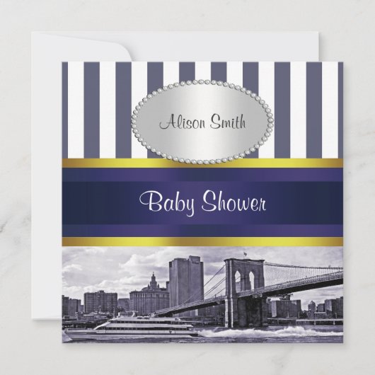 Invitation NYC Skyline Brooklyn Bridge Blue White Baby shower (Devant)