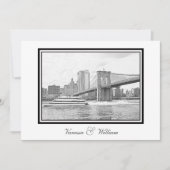 Invitation NYC Skyline Brooklyn Bridge Boat BW Etchd Mariage (Devant)